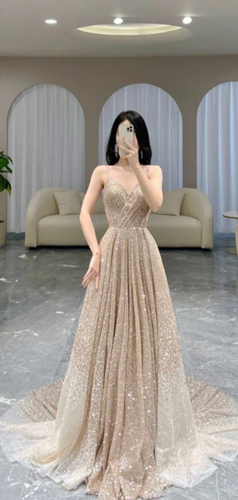 Shiny Gold Spaghetti Strap A-Line Long Prom Dress Ideas, Evening Party Dresses,WGP1602