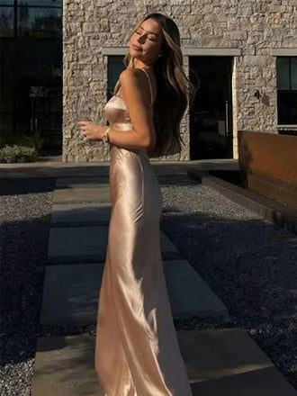 Sexy Champange Spaghetti Strap Mermaid Long Prom Dress Ideas, Evening Party Dresses,WGP1762