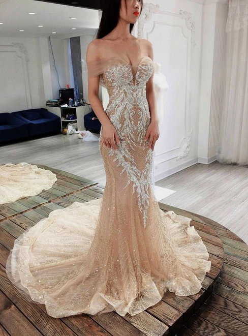 Sexy Champagne Off-Shoulder Mermaid Long Prom Dress Ideas, Evening Party Dresses,WGP1869