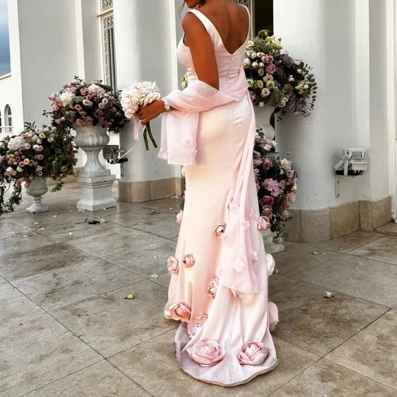 Elegant Pink Spaghetti Strap Mermaid Floral Long Prom Dress Ideas, Evening Party Dresses,WGP1752