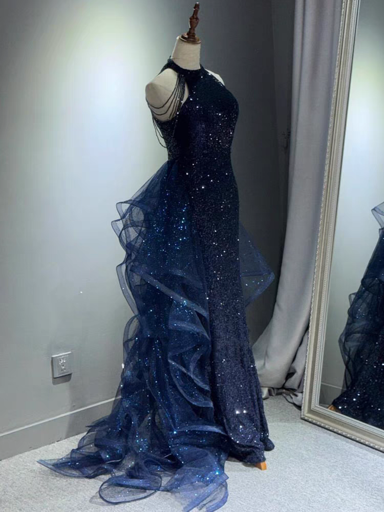Shiny Blue Halter Mermaid Long Prom Dress Ideas, Evening Party Dresses,WGP1751