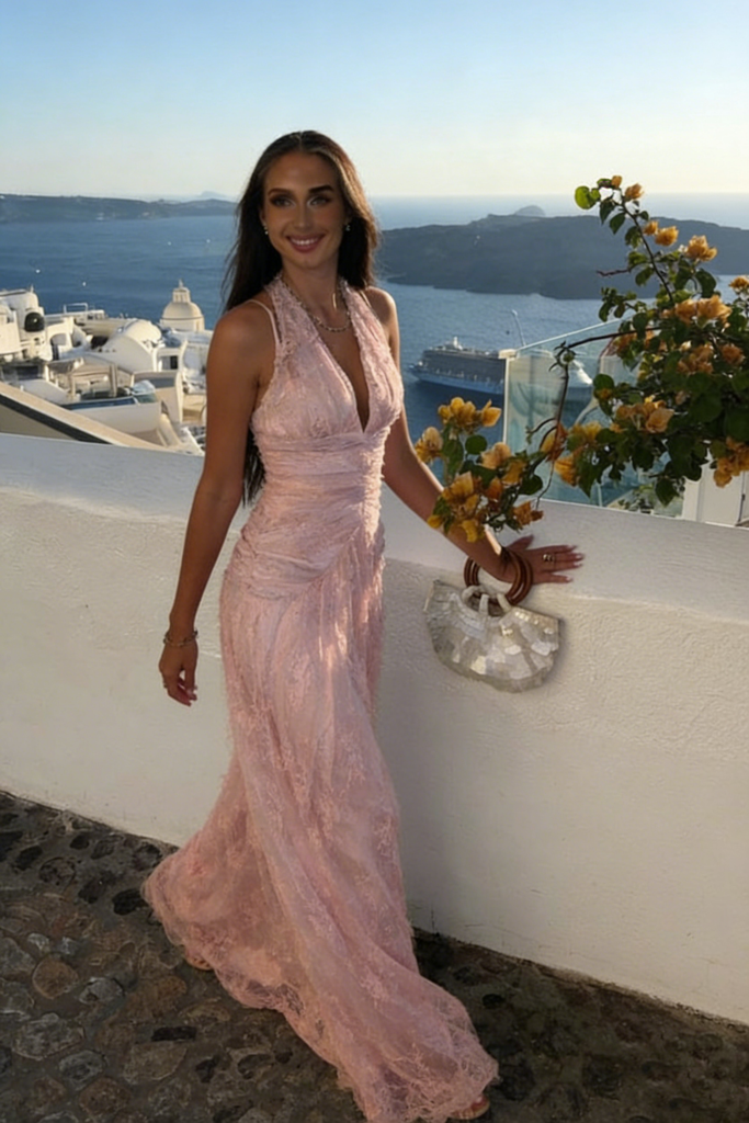 Elegant Blush Pink Lace Halter Prom Dress Sexy Ruched Backless Maxi Gown,WGP2211