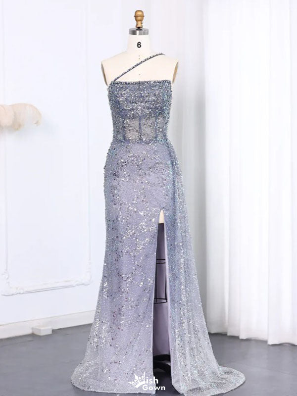 Shiny Blue One-Shoulder Mermaid Side Slit Long Prom Dress Ideas, Evening Party Dresses,WGP1624
