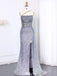 Shiny Blue One-Shoulder Mermaid Side Slit Long Prom Dress Ideas, Evening Party Dresses,WGP1624