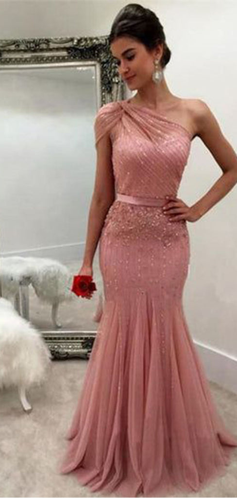 Sparkly Pink One-Shoulder Mermaid Long Prom Dress Ideas, Evening Party Dresses,WGP1771