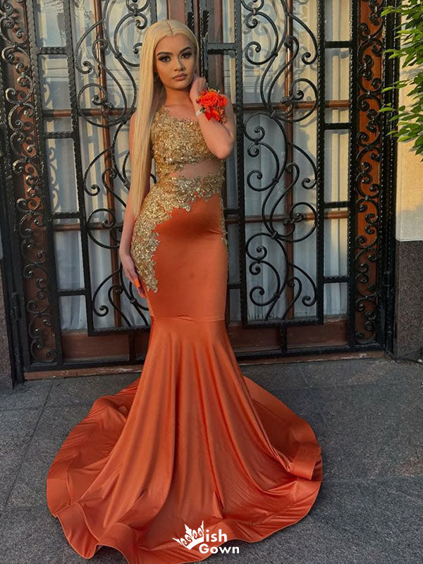 Sparkly Orange One-Shoulder Mermaid Long Prom Dress Ideas, Evening Party Dresses,WGP1808
