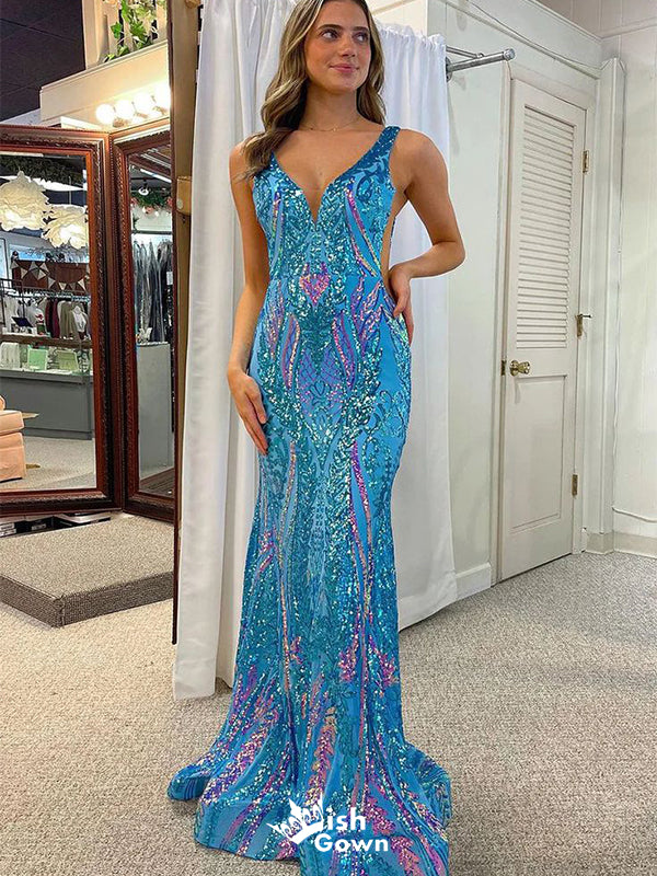 Colorful Mermaid V-neck Backless Popular Long Evening Dresses, Formal Dresses, Birthday Party, WGP570