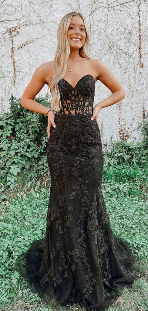 Elegant Black Sweetheart Mermaid Side Slit Lace&nbsp;Party Prom Dresses,Evening Dress Online, WGP825