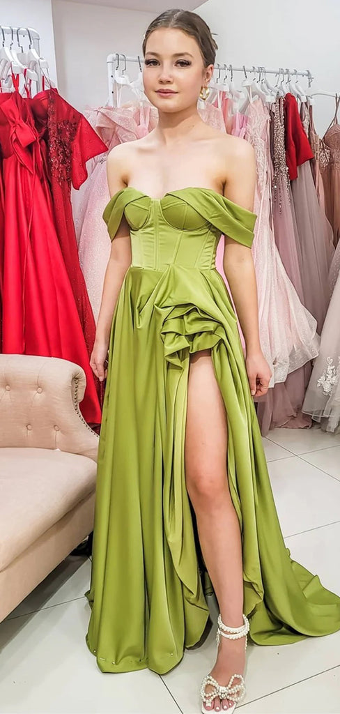 Elegant Green Off Sholder Sweetheart A-Line Side Slit Party Prom Dresses,Evening Dress Online, WGP824