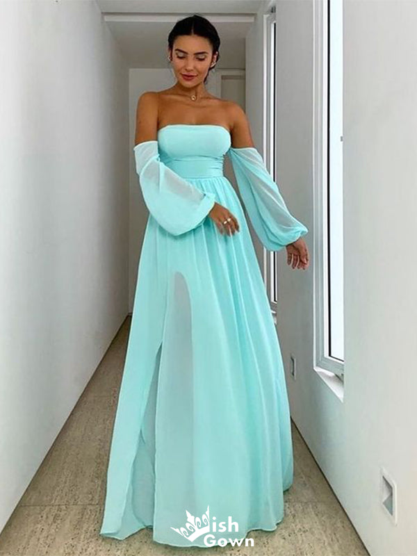 Elegant Baby Blue Off Shoulder A-line Side Slit Party Prom Dresses,Evening Dress Online, WGP834