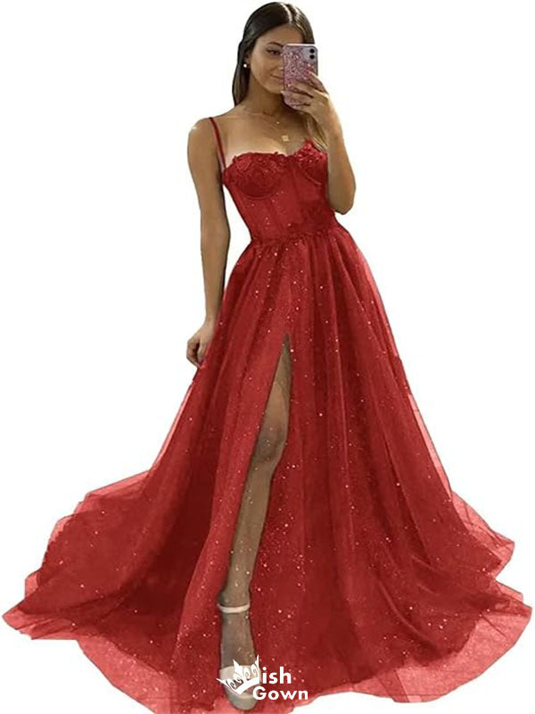 Sexy Red A-Line Sweetheart Spaghetti Straps Side Slit Beading Long Formal Prom Gowns,Evening Dresses,WGP360