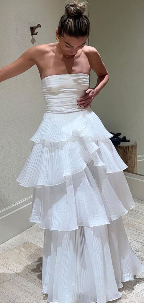 Elegant White&nbsp; A-Line Strapless Ruffle Popular Long Evening Dresses, Formal Dresses, Birthday Party, WGP563