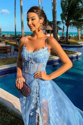 Unique Blue Spaghetti Strap A-Line Side Slit Sleeveless Long Prom Dress Ideas, Evening Party Dresses,WGP1682