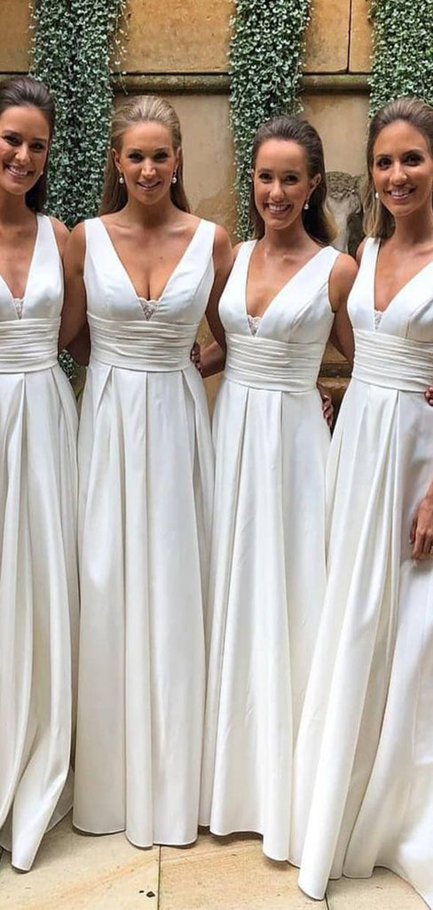 Elegant White V-Neck Spaghetti Strap A-Line&nbsp;Sleeveless Wedding Guest Bridesmaid Dresses,WGM404