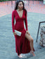 Sexy Red V-Neck Mermaid Side Slit Long Sleeve Party Prom Dresses,Evening Dress Online, WGP862