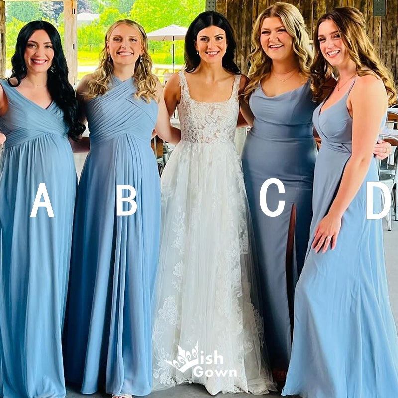 Unique Blue A-Line Cheap Maxi Long Wedding Guest Bridesmaid Dresses,WGM342