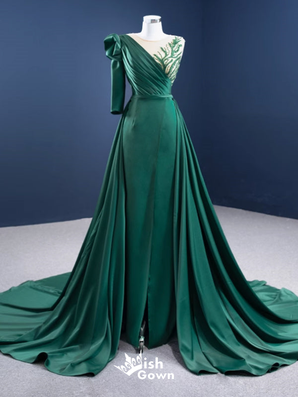 Gorgeous Green Single Long Sleeve Illusion A-line Lace up Back Party Dress Long Prom Dresses to Impress, WGP951