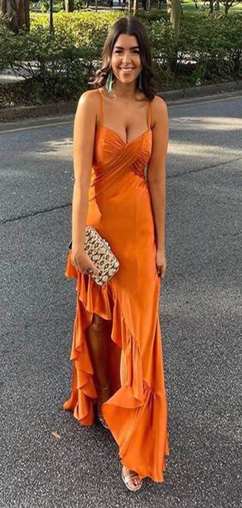 Unique Orange Mermaid Spaghetti Straps V Neck Ruffle Cheap Maxi Long Party Prom Gowns,Evening Dresses,WGP408