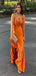 Unique Orange Mermaid Spaghetti Straps V Neck Ruffle Cheap Maxi Long Party Prom Gowns,Evening Dresses,WGP408