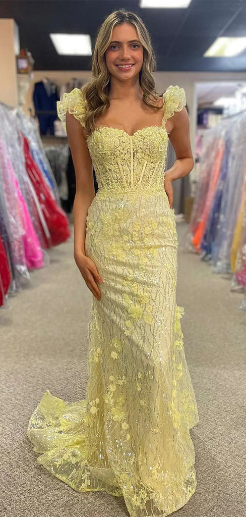 Beautiful Yellow Mermaid Sweetheart Lace Popular Long Evening Dresses, Formal Dresses, Birthday Party, WGP577