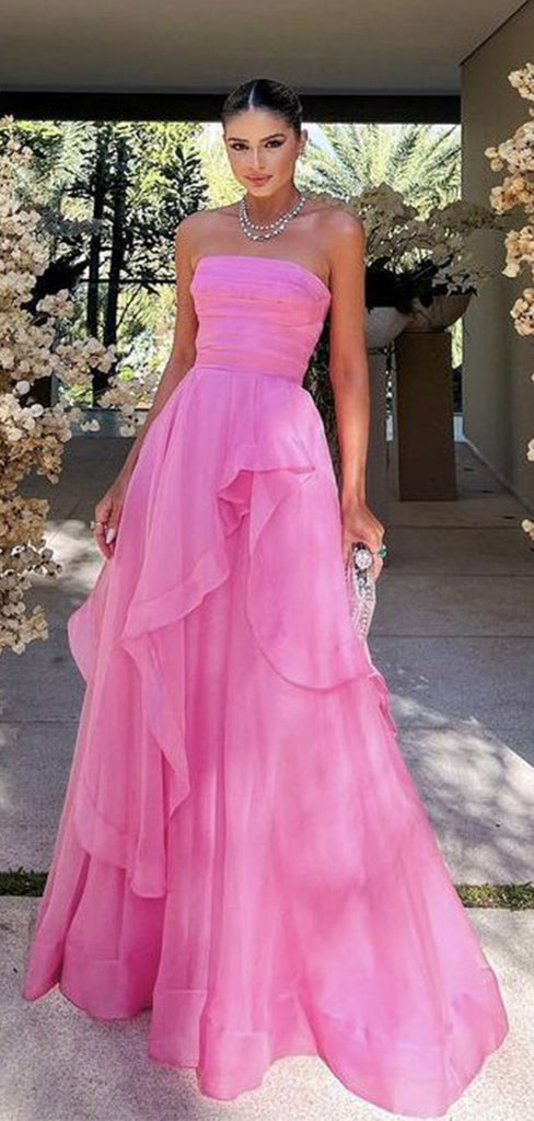 Elegant Pink A-Line Strapless Ruffle Popular Long Evening Dresses, Formal Dresses, Birthday Party, WGP579