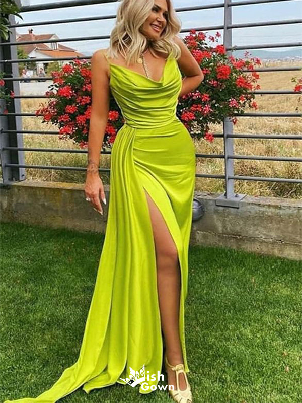 Gorgeous Lime Green Mermaid Cowl Side Slit Popular Long Evening Dresses, Formal Dresses, Birthday Party, WGP590