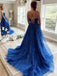 Elegant Blue A-Line Spaghetti Strap Lace Popular Long Evening Dresses, Formal Dresses, Birthday Party, WGP584