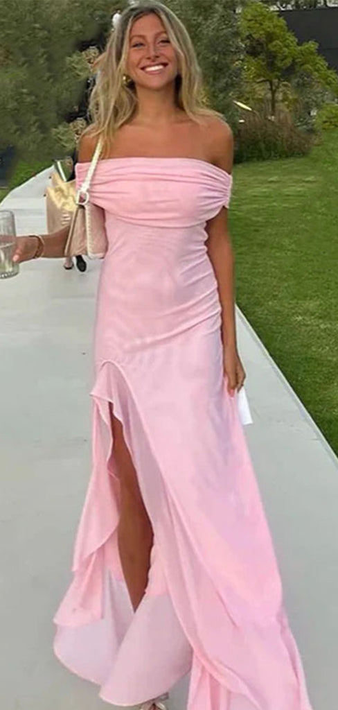 Elegant Pink Off-Shoulder Mermaid Side Slit Long Prom Dress Ideas, Evening Party Dresses,WGP1814
