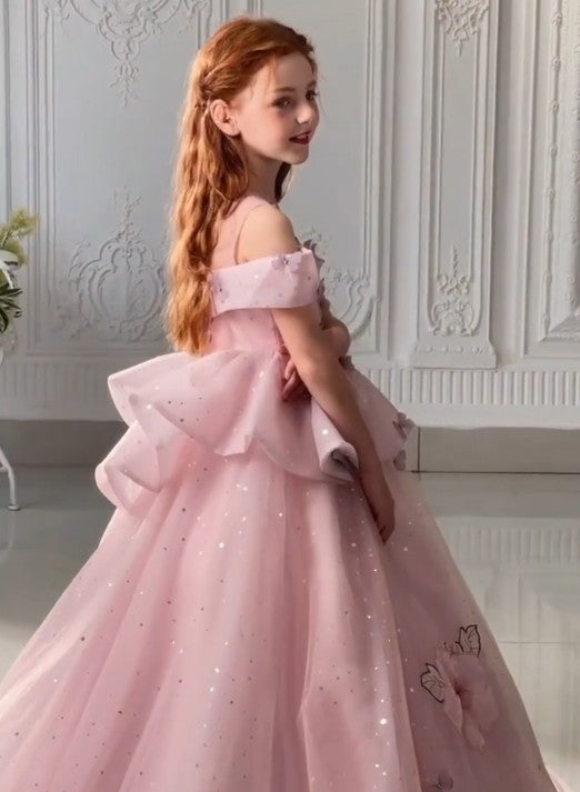 Cute Pink Off-Shoulder Long A-Line Flower Girl Dress , FG025