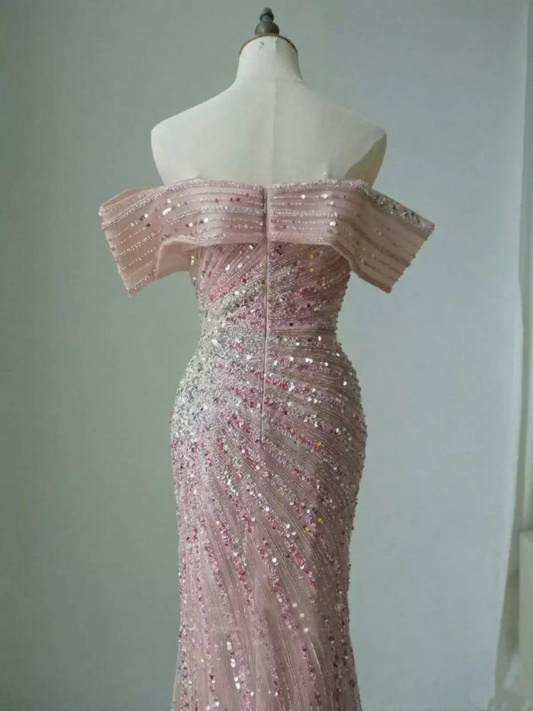 Sparkly Pink Off-Shoulder Mermaid Side Slit Long Prom Dress Ideas, Evening Party Dresses,WGP1753