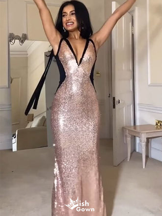 Sparkly Pink V-Neck Mermaid Long Prom Dress Ideas, Evening Party Dresses,WGP1952