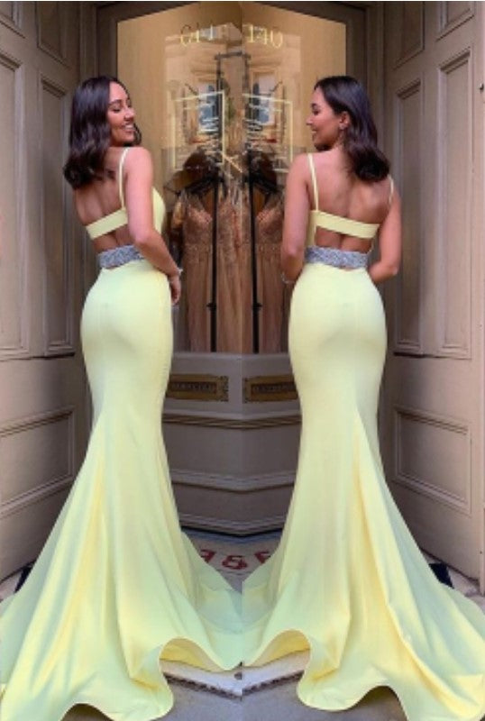 Elegant Yellow Mermaid Spaghetti Straps V Neck Cheap Maxi Long Party Prom Gowns,Evening Dresses,WGP428