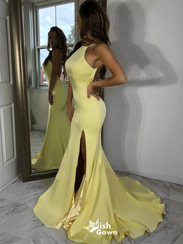 Sexy Yellow Mermaid Spaghetti Straps Side Slit Backless Long Evening Dresses, Formal Dresses, Birthday Party, WGP532