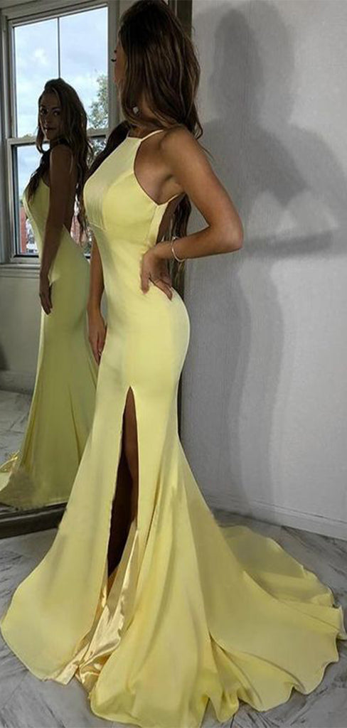 Sexy Yellow Mermaid Spaghetti Straps Side Slit Backless Long Evening Dresses, Formal Dresses, Birthday Party, WGP532