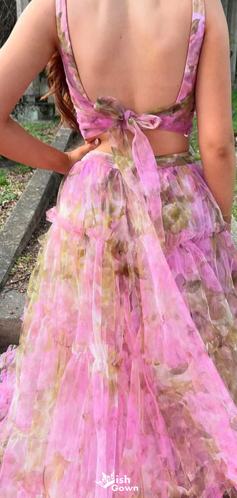 Elegant Two Piece V-neck A-line Long Prom Dress Ideas, Evening Party Dresses,WGP1288