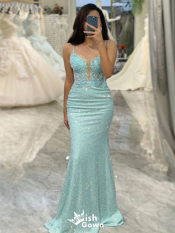 Elegant Light Blue Mermaid Sweetheart Spaghetti Straps Backless Applique Sequin Maxi Long Party Prom Gowns,Evening Dresses,WGP384