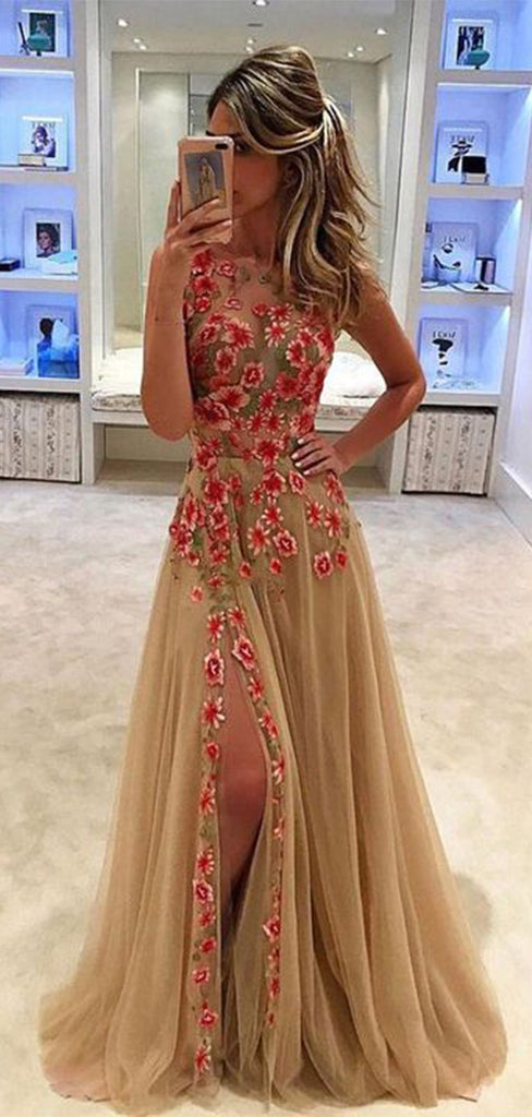 Elegant Flower A-Line Sleeveless Side Slit Popular Long Evening Dresses, Formal Dresses, Birthday Party, WGP580