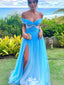 Elegant Blue A-Line Off-Shoulder Side Slit Popular Long Evening Dresses, Formal Dresses, Birthday Party, WGP586