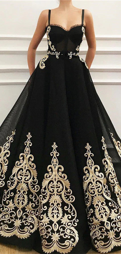 Elegant Black A-Line Spaghetti Strap Popular Long Evening Dresses, Formal Dresses, Birthday Party, WGP587