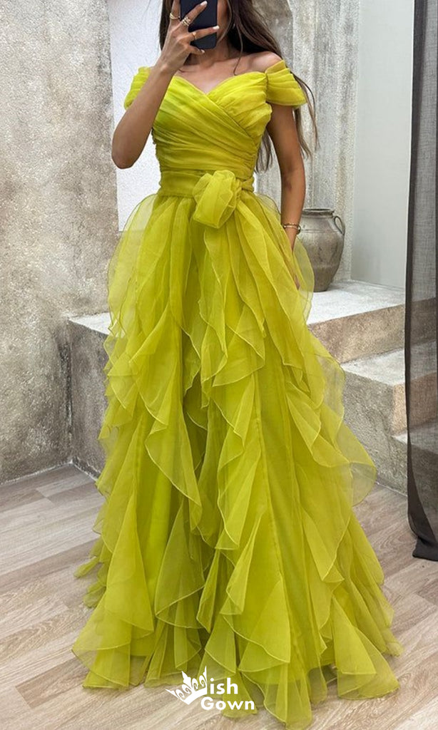 Gorgeous Off Shoulder Tulle Side Slit A-line Long Party Dress Prom Dresses,WGP1001