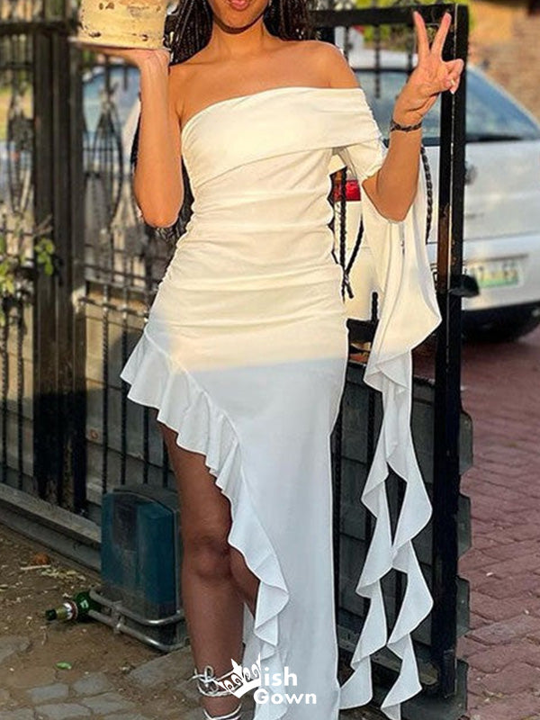 Casual One-shoulder Asymmetric Sheath Long Prom Dress Ideas, Evening Party Dresses,WGP1327