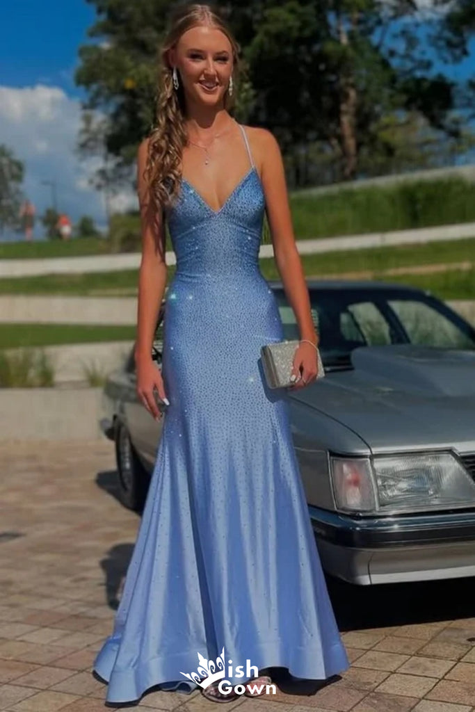 Gorgeous Blue Spaghetti Straps V Neck Lace up Back Mermaid Long Party Dress Prom Dresses,WGP1009