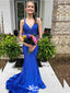 Gorgeous Blue V Neck Mermaid Long Party Dress Prom Dresses with Trailing,WGP1010