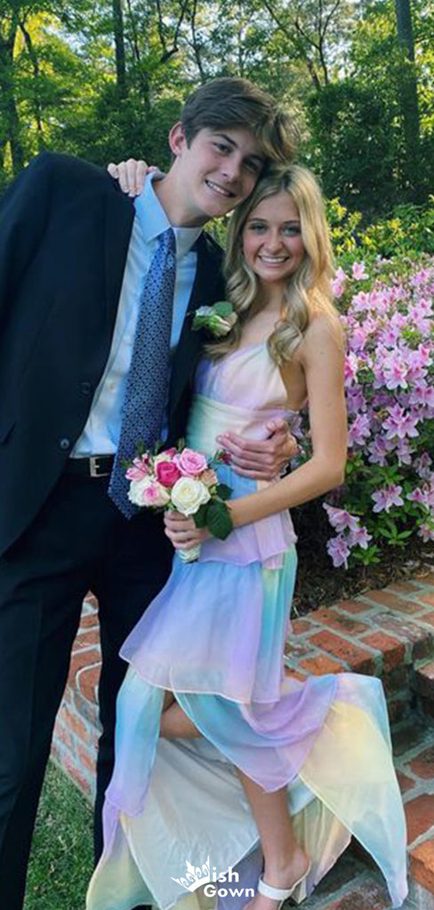 Casual Spaghetti Strap V-neck Colorful A-line Unique Long Prom Dress Ideas, Evening Party Dresses,WGP1347