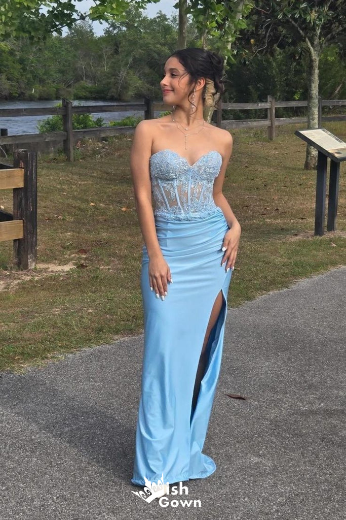 Gorgeous Light Blue Sweetheart Lace Appliques Side Slit Mermaid Long Party Dress Prom Dresses ,WGP1012