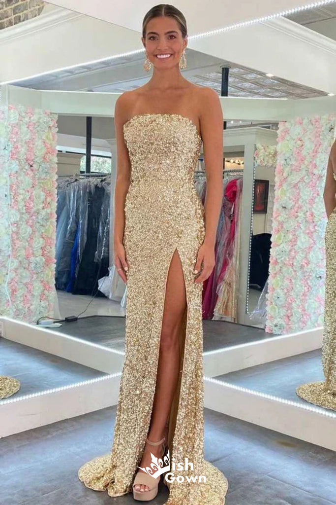 Shiny Gold Strapless Straight Neck Mermaid Side Slit Long Party Dress Prom Dresses,Evening Dress Online, WGP900