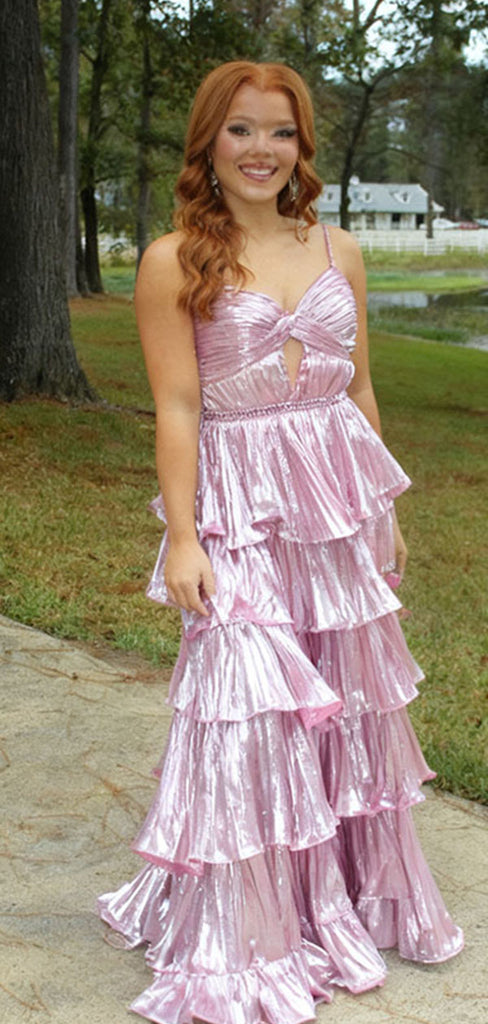 Unique Pink Spaghetti Strap A-Line Long Prom Dress Ideas, Evening Party Dresses,WGP1790