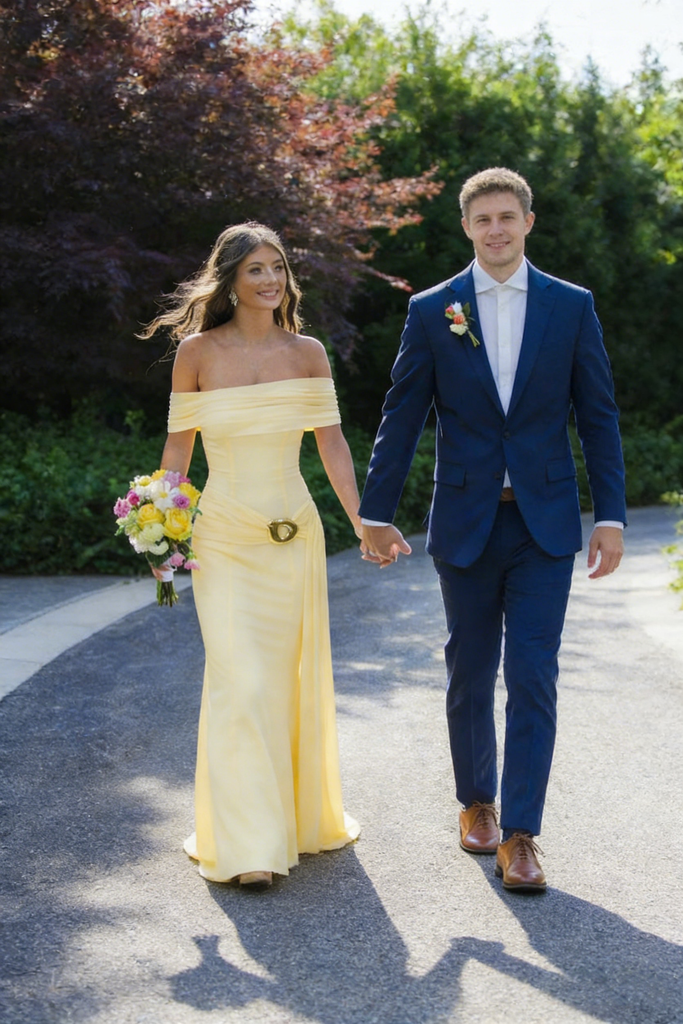 Classy Yellow Off Shoulder Prom Dress Mermaid Long Satin Formal Event Gown,WGP2188
