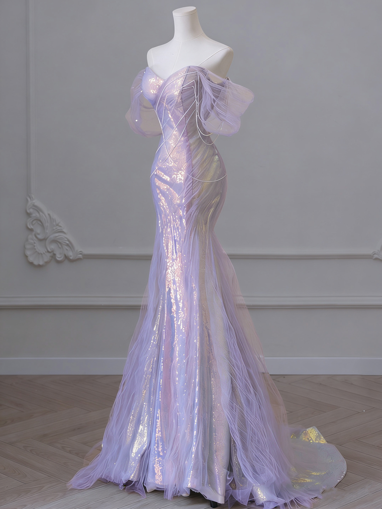 Sparkly Purple Off-Shoulder Mermaid Long Prom Dress Ideas, Evening Party Dresses,WGP1892