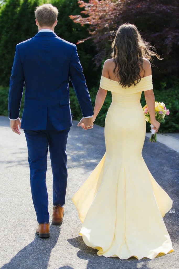 Classy Yellow Off Shoulder Prom Dress Mermaid Long Satin Formal Event Gown,WGP2188